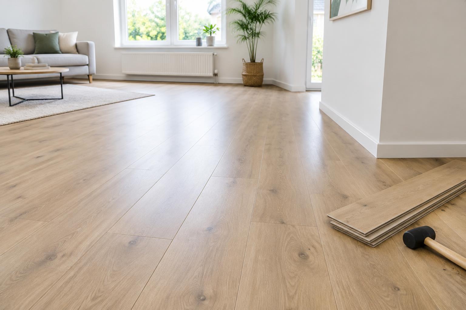 Neu verlegter Eichen-Laminatboden mit sauber angepassten Sockelleisten